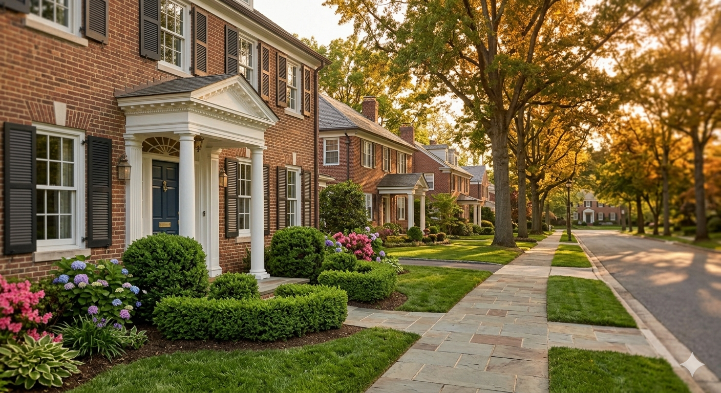 Tree-lined residential street with classic homes in a competitive DC metro area neighborhood representing buyer competition in Washington DC Maryland and Virginia low-inventory market