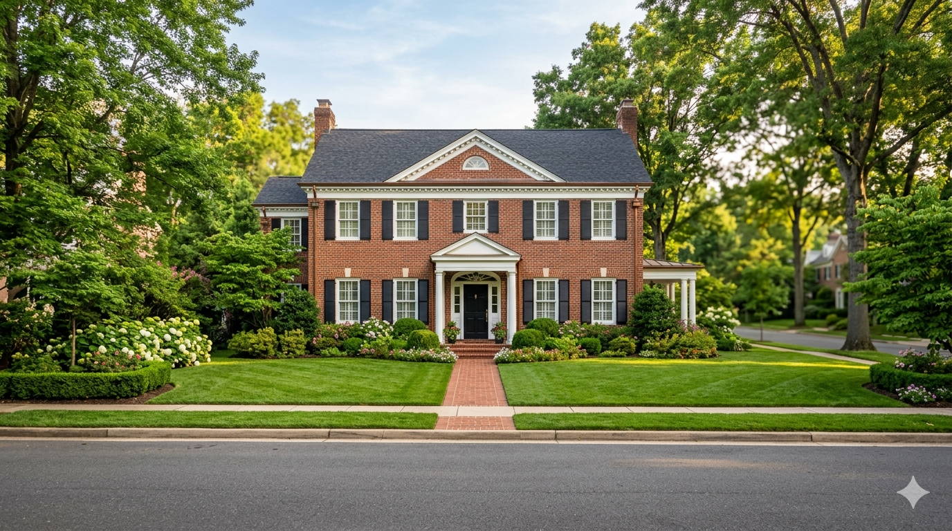 Tree-lined suburban street with brick colonial home in the Washington DC metro area representing low inventory housing competition for buyers in 2026