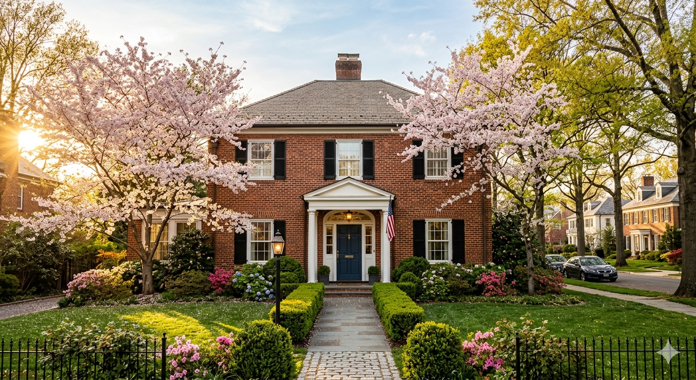 Elegant brick colonial home in a Washington DC suburb representing the contingent offer process for DC and Maryland sellers in 2026