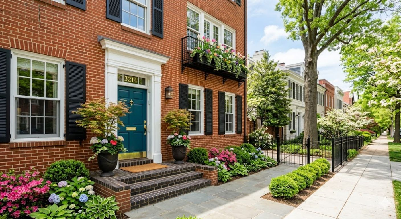 Well-maintained townhouse exterior with fresh curb appeal in Northwest Washington DC