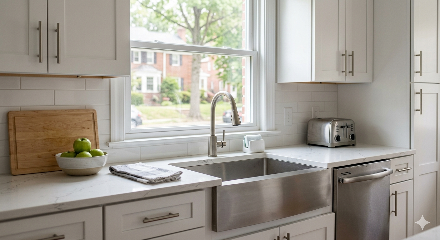 Staged kitchen with white cabinetry and quartz countertops in Washington DC area home for sale
