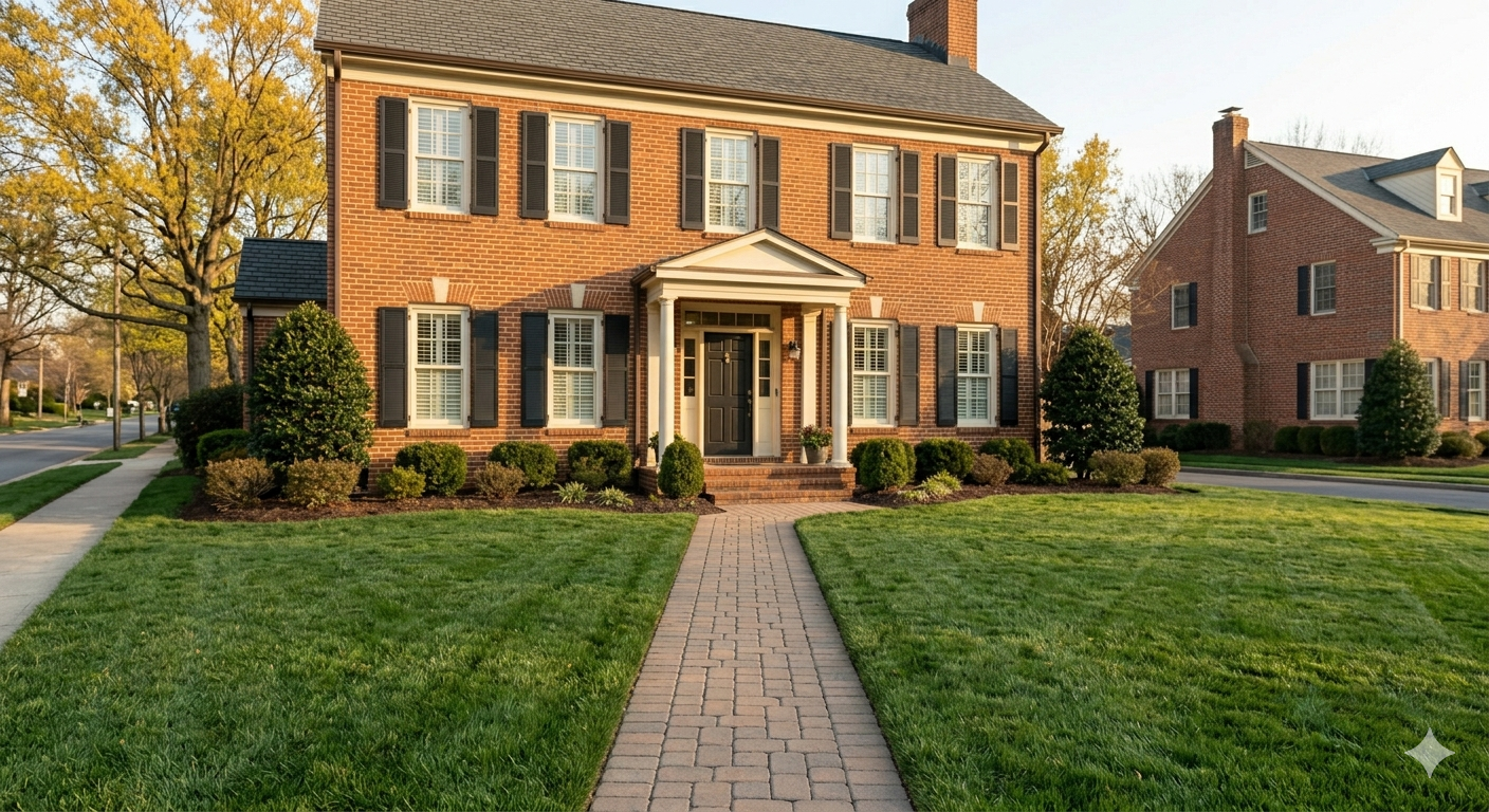 Real estate listing sign in front of brick home in DC-area neighborhood on a clear afternoon