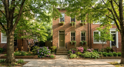 Classic brick rowhouse on tree-lined street in Washington DC neighborhood in late spring