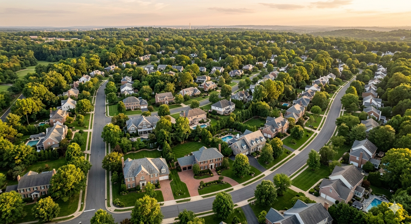 Aerial view of a tree-lined suburban neighborhood with mature landscaping and detached homes in Northern Virginia or Maryland near Washington DC, representing communities attracting remote work buyers in 2026