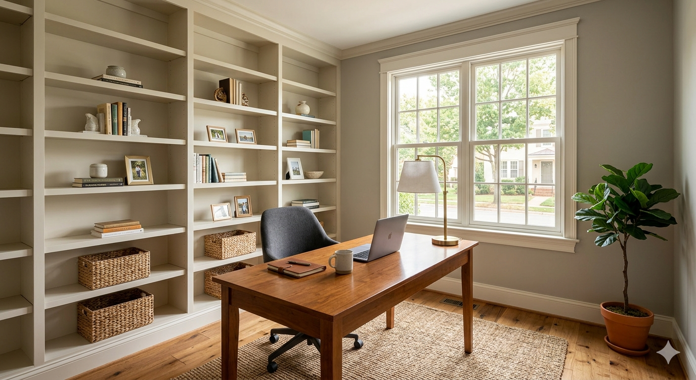 Clean home office in a DC area property prepared for sale during an executive job relocation
