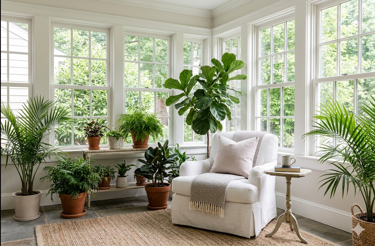 Sunlit sunroom in a DC area home representing the process of evaluating housing options after losing a spouse