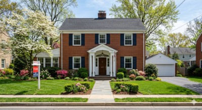 Brick colonial home listed for sale in Washington DC metro area with manicured front lawn