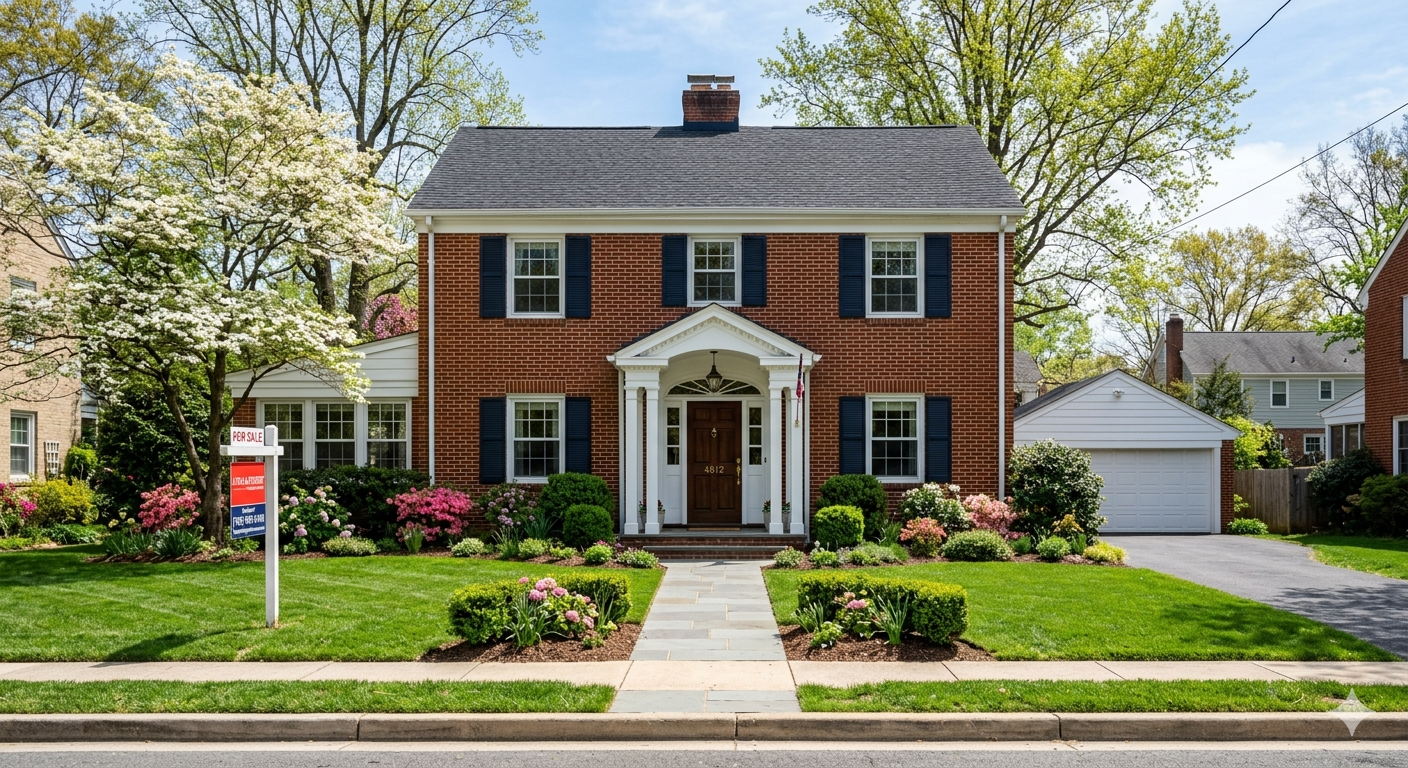 Brick colonial home listed for sale in Washington DC metro area with manicured front lawn