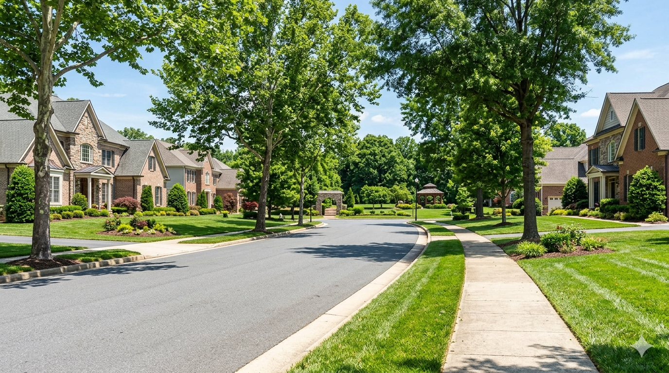 Wide tree-lined residential street with large homes and manicured park space in a DC metro area family neighborhood