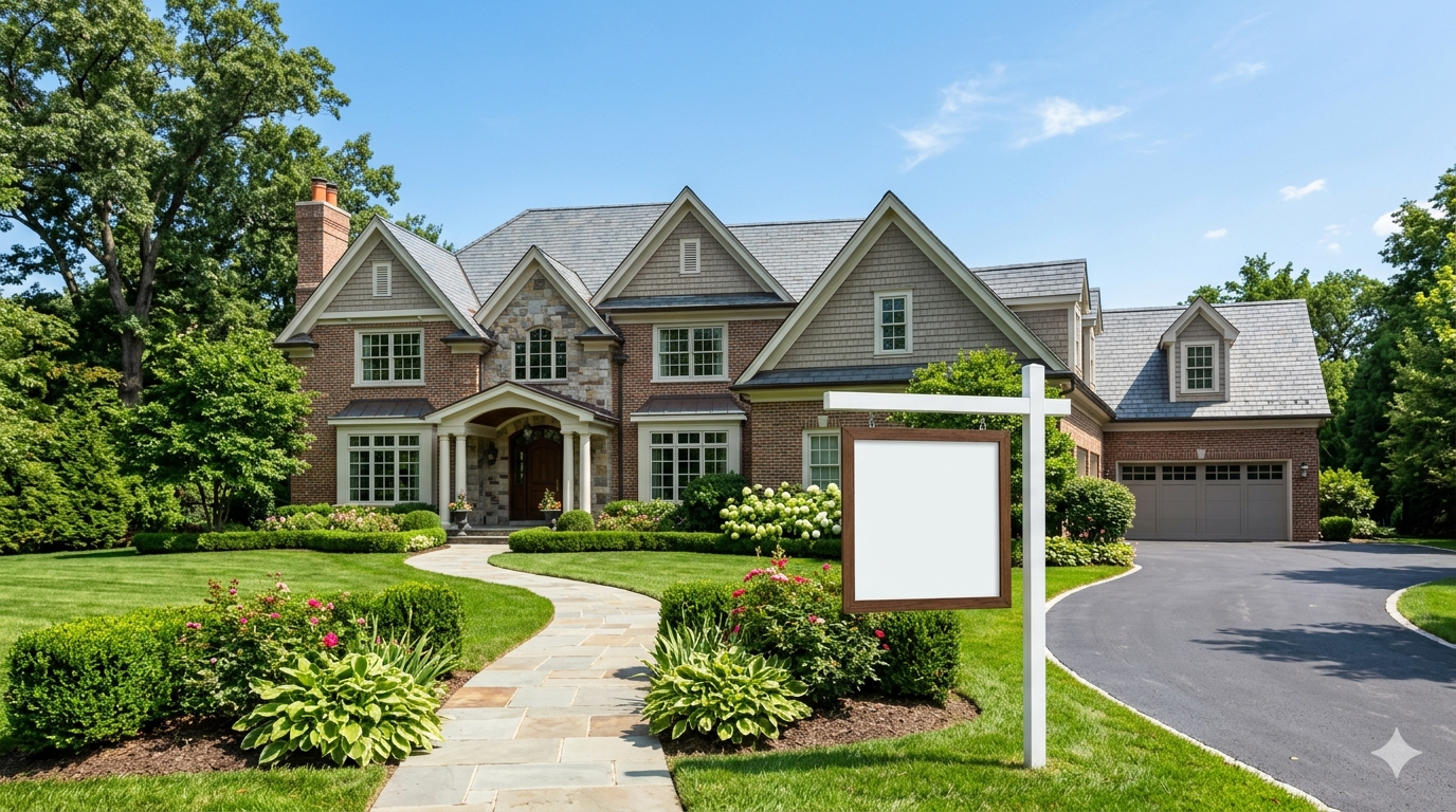 Luxury home exterior with manicured landscaping and a for sale sign in a Washington DC metro suburb