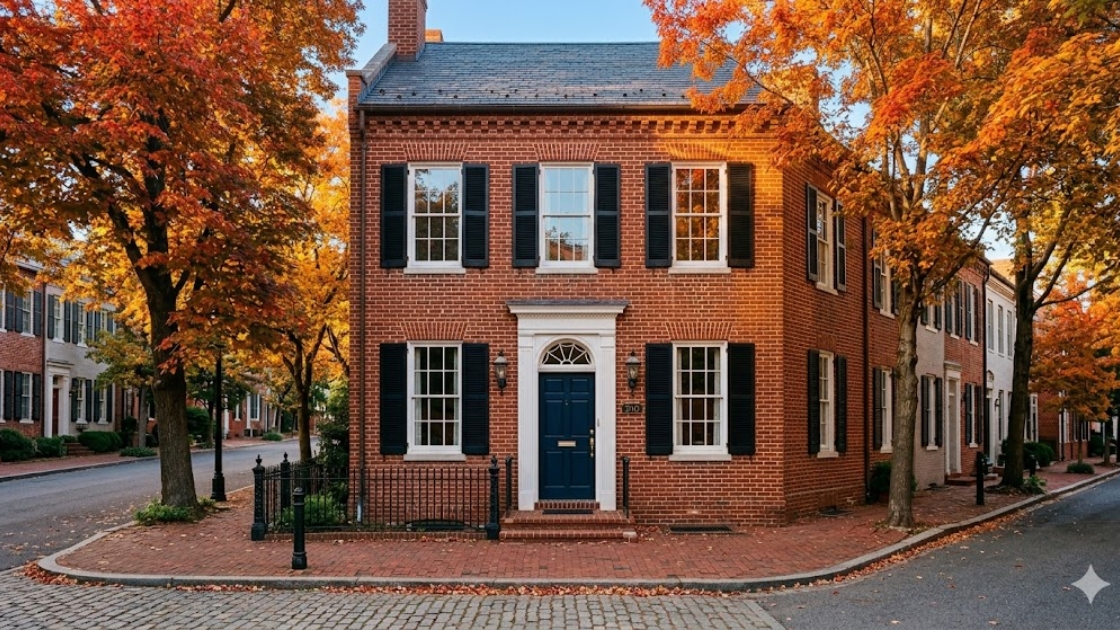 Brick townhouse on a DC metro area street in warm autumn light with fall foliage