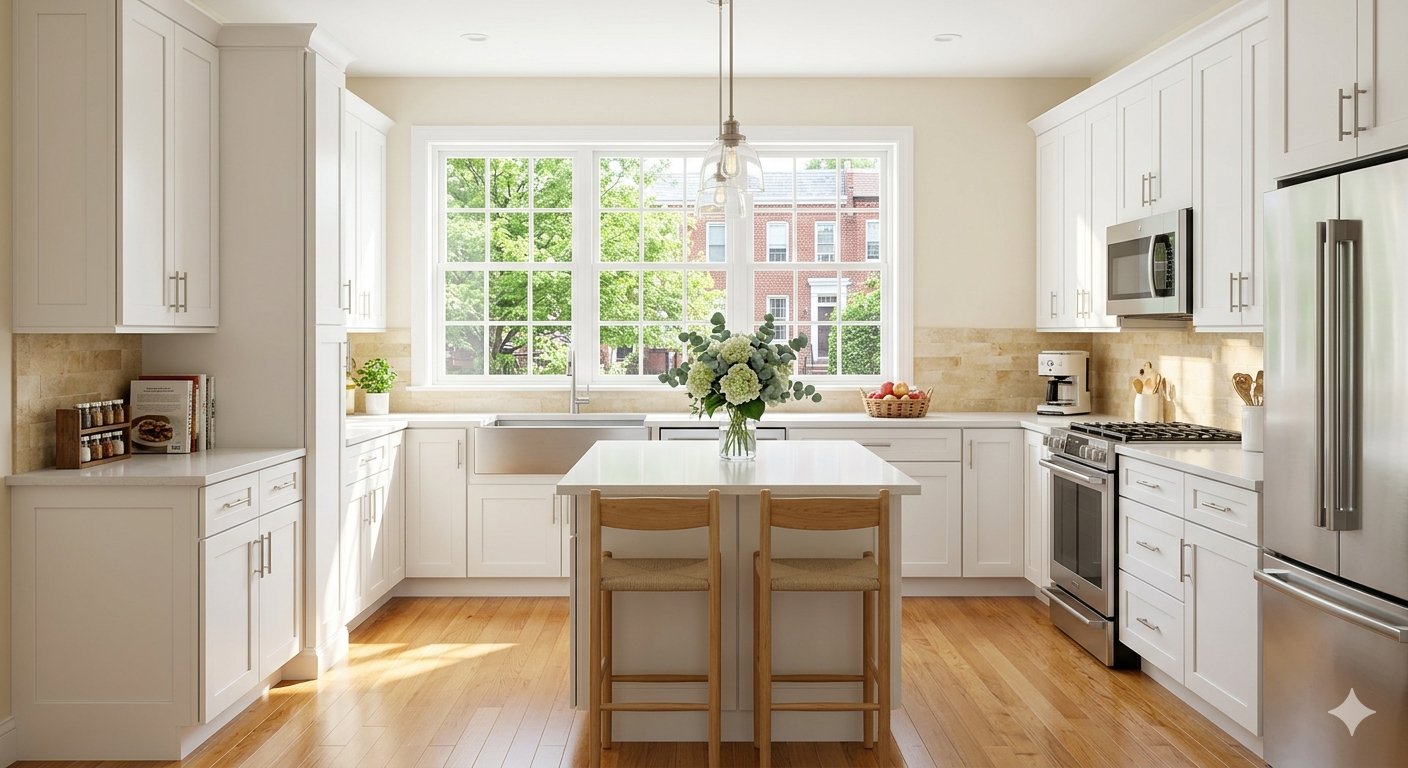 Bright sunlit kitchen interior of a DC metro area home ideal for first time buyers in Washington DC Maryland and Virginia