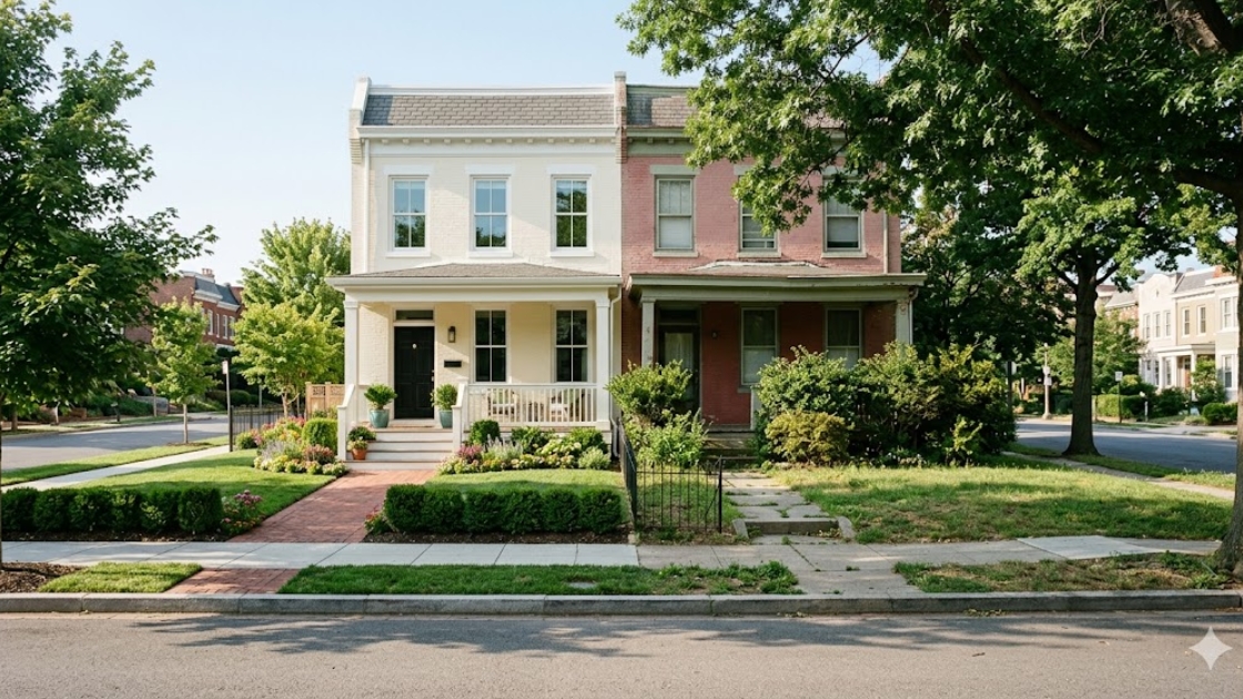 Two adjacent Northwest DC homes showing contrast in condition and curb appeal on a residential street