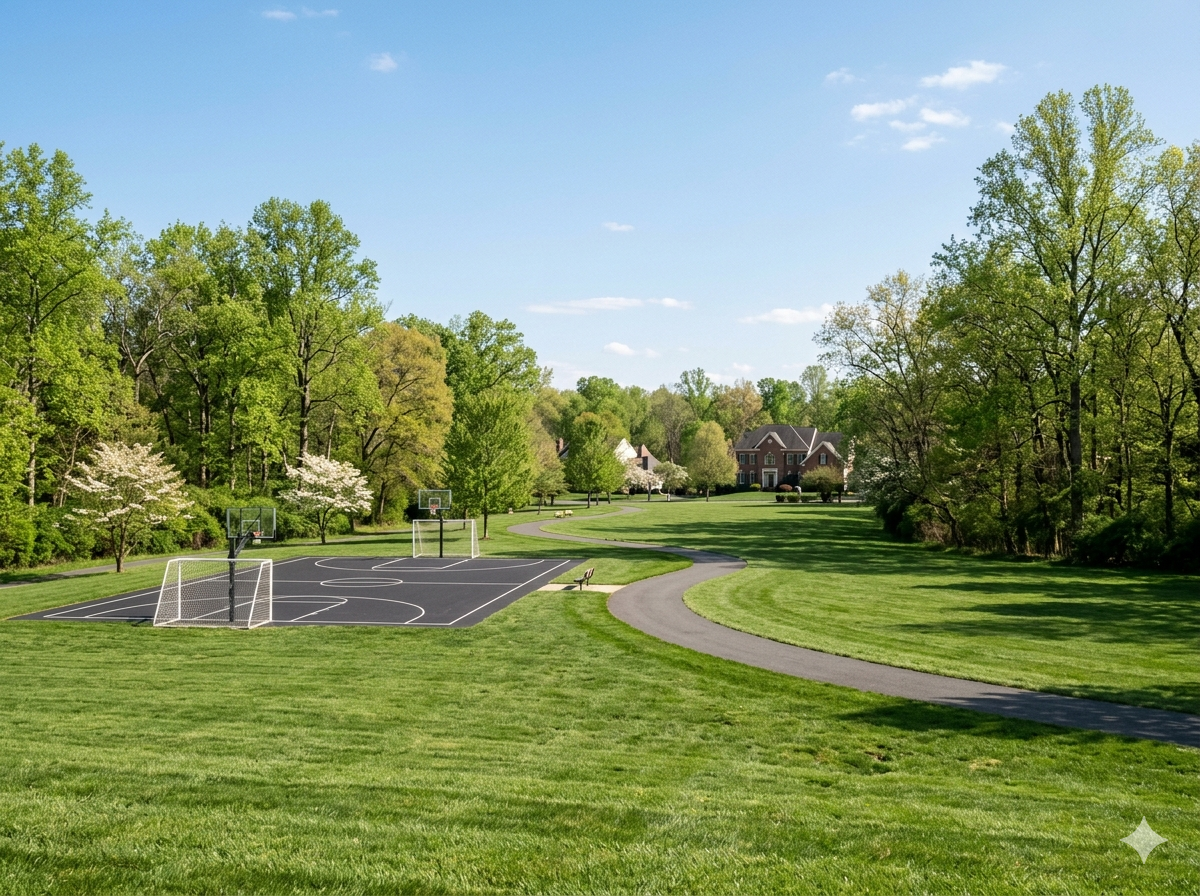 Community park with walking path, basketball court, and mature trees in a DC metro area suburb