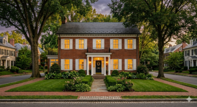 Exterior of a brick Colonial home in a Washington DC suburb at dusk with warm interior lighting, representing the decision to buy out a spouse or sell during divorce