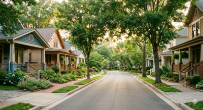Tree-lined residential street in Del Ray, Alexandria VA with craftsman bungalows and afternoon light