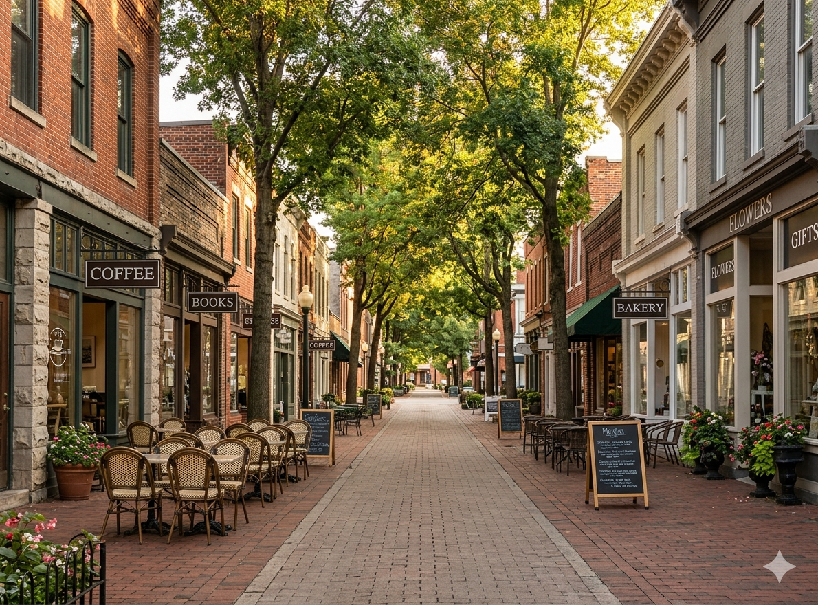 Walkable main street with independent storefronts and outdoor seating in Del Ray, Alexandria VA