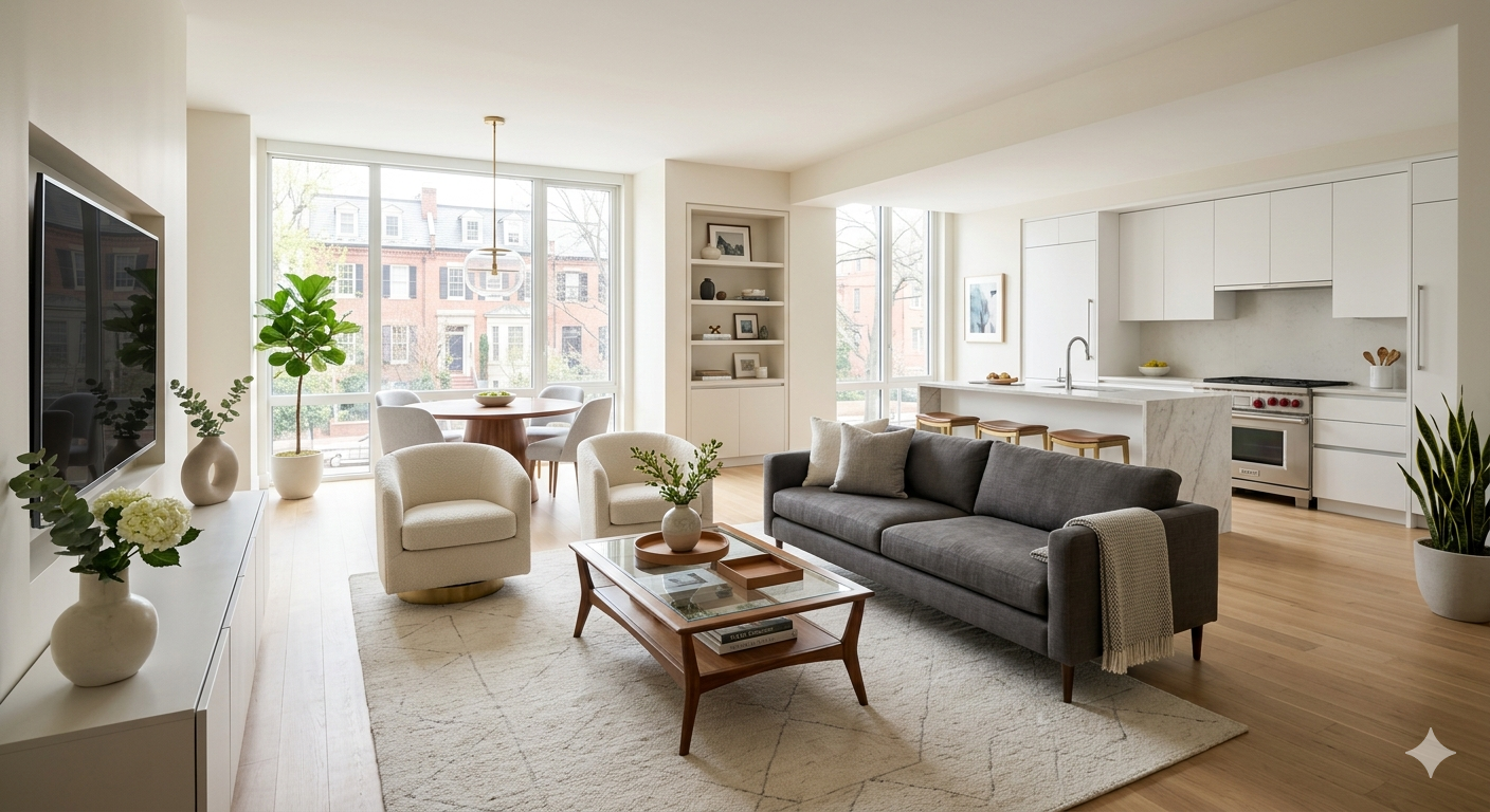 Modern open-plan condo interior with light hardwood floors and large windows in the DC metro area, representing a right-sized home for retirees downsizing in Maryland or Virginia