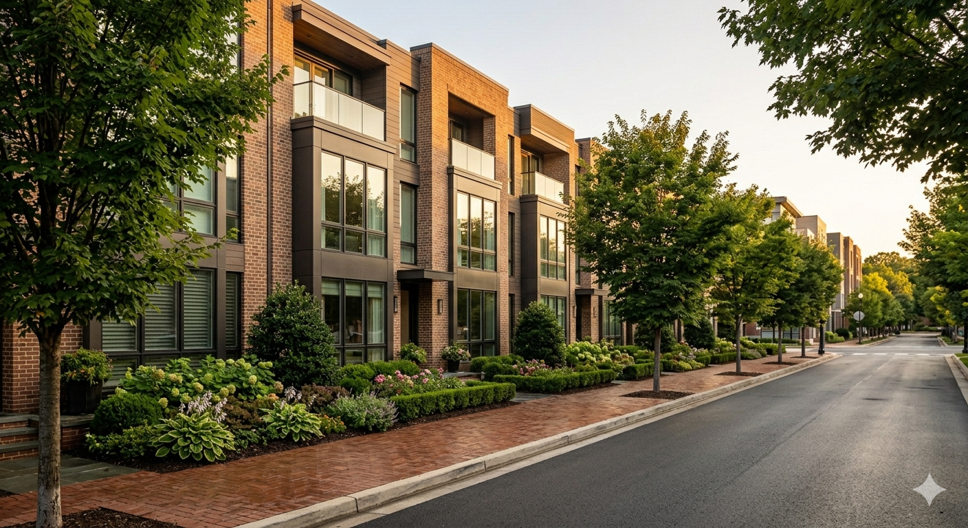 Modern luxury condominium building or upscale townhome row in downtown Bethesda or McLean representing downsizing options for empty nesters in the DC metro area