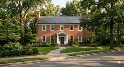 Traditional brick colonial luxury home in Wesley Heights Washington DC with tree-lined street and manicured front yard