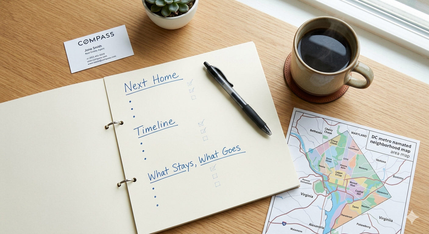 Downsizing planning checklist and neighborhood map for empty nesters selling a family home in Washington DC, Maryland, and Virginia