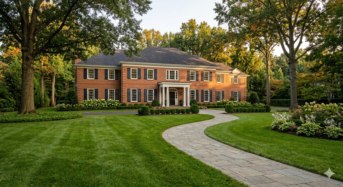 Elegant colonial home on a manicured lot in Bethesda or McLean representing empty nester equity and downsizing opportunity in the DC metro area