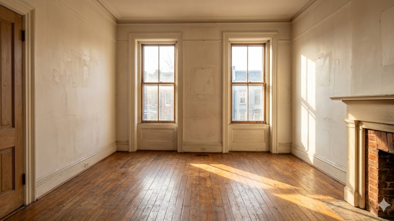 Empty sunlit room with hardwood floors in an inherited home in the DC Maryland area
