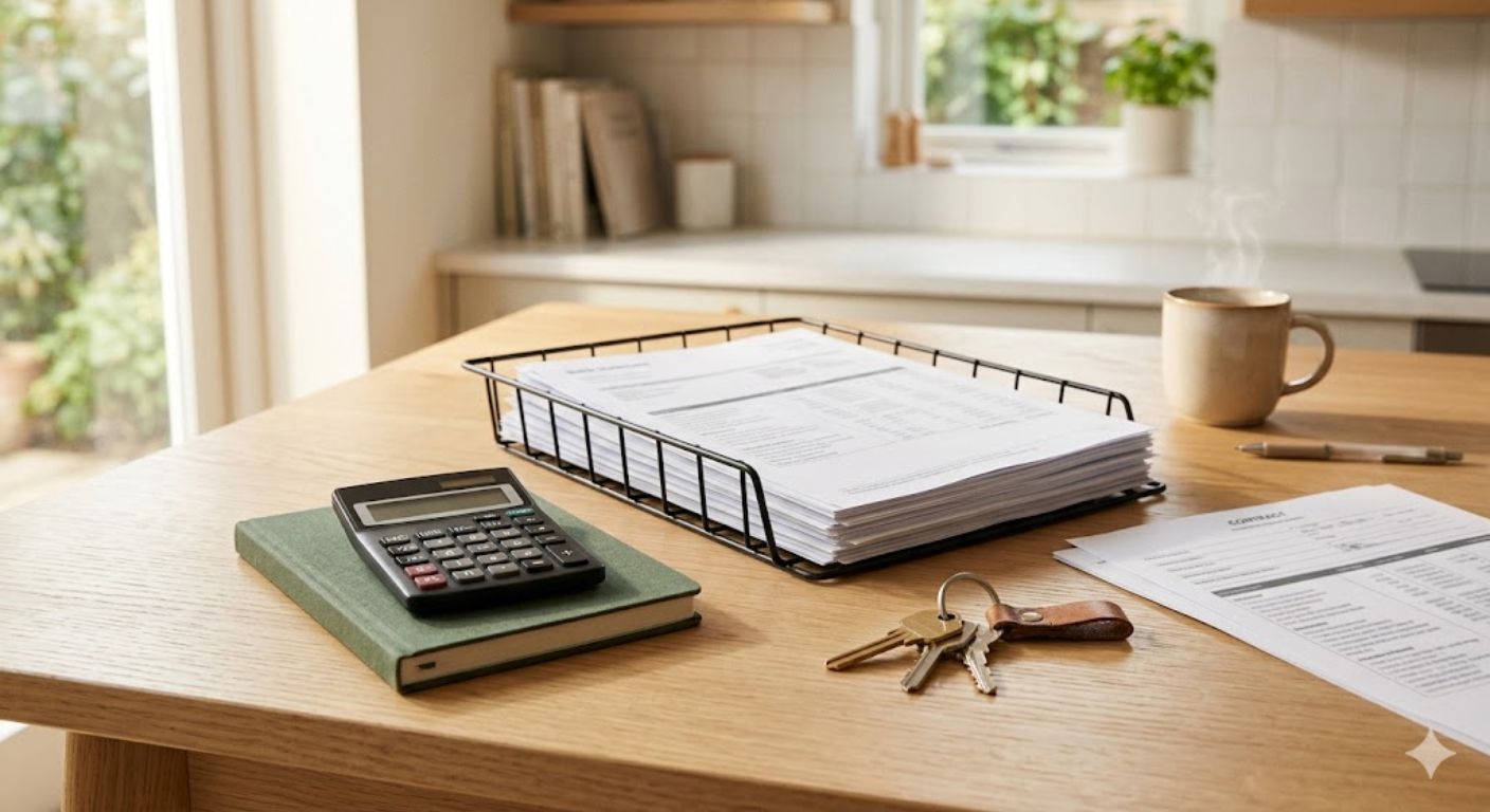 Kitchen table with financial documents, calculator, and house keys representing family home buying planning