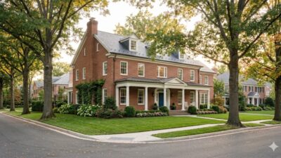 Large brick Colonial family home on a quiet Bethesda Maryland street in afternoon light