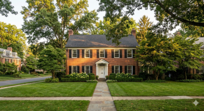 Traditional brick Colonial home exterior in a quiet Maryland or Virginia suburban neighborhood