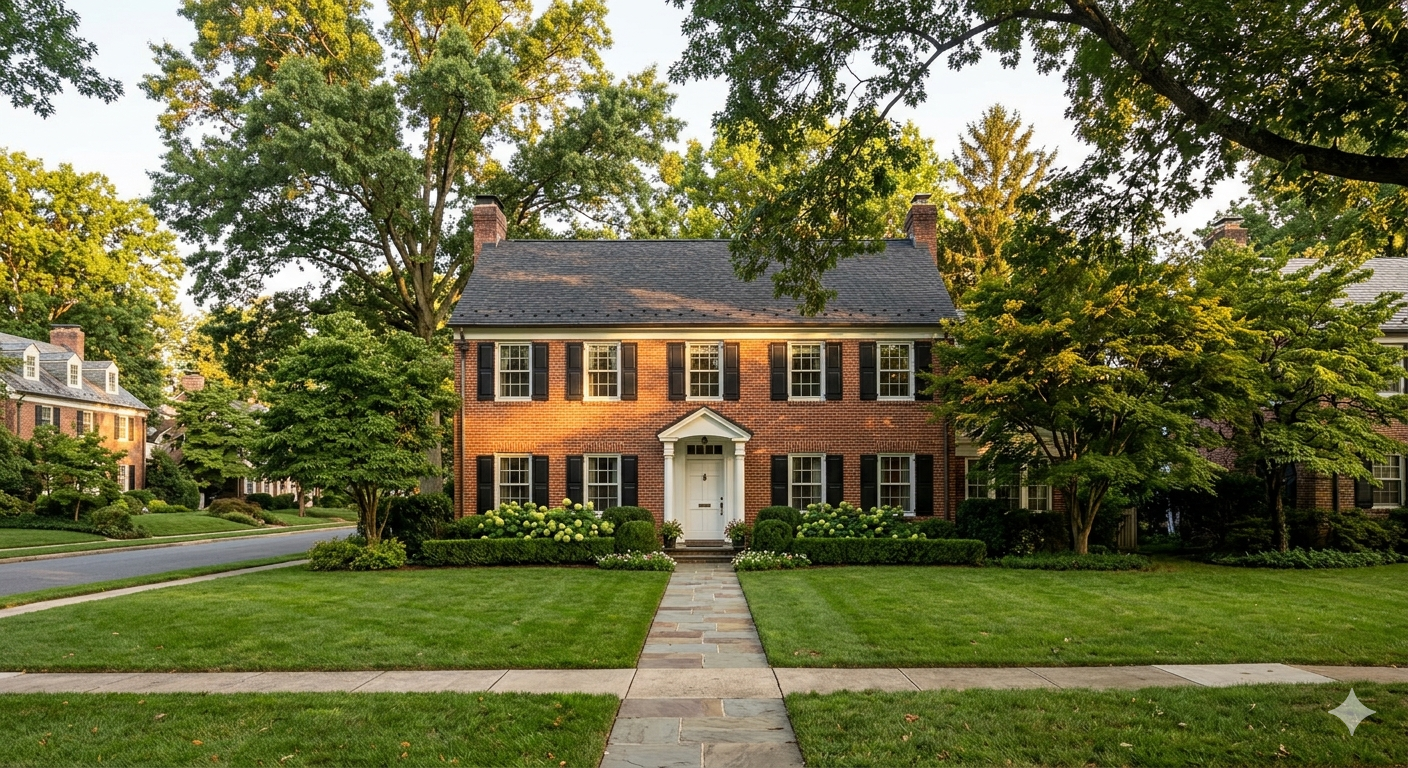 Traditional brick Colonial home exterior in a quiet Maryland or Virginia suburban neighborhood
