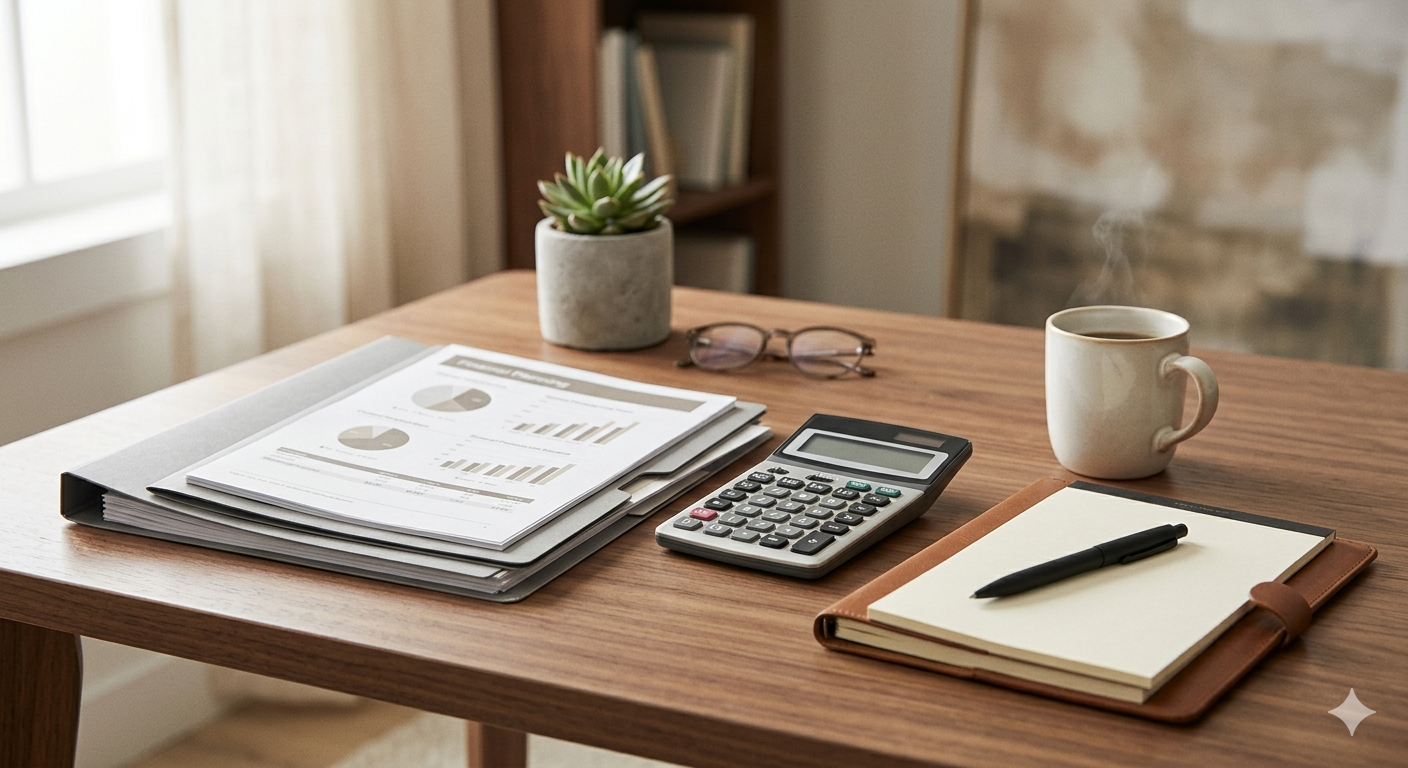 Clean professional financial planning workspace with documents and notepad representing mortgage and financial planning during divorce