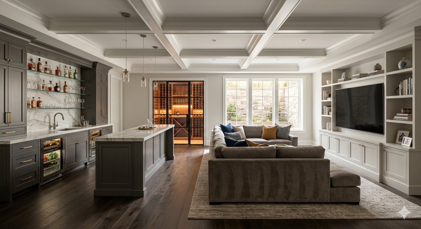 Finished lower level recreation room with wet bar, coffered ceiling, and wine cellar inside a luxury home in Bethesda Maryland