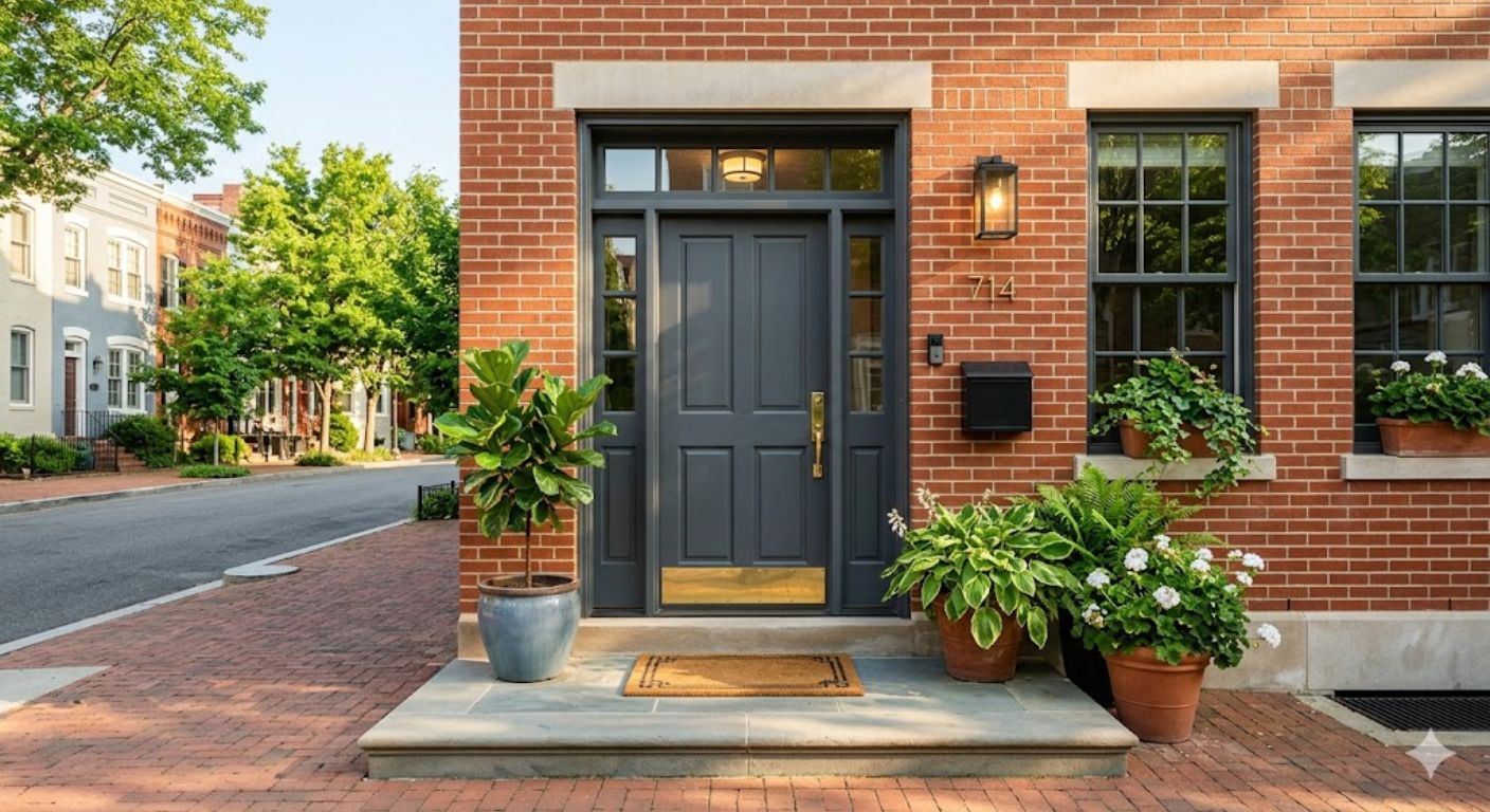 Bright modern townhome entrance in a Washington DC neighborhood representing a first home purchase