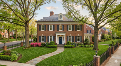 Classic brick colonial home on a tree-lined street in the Washington DC metro area representing the first-time homebuying process in DC, Maryland, and Virginia