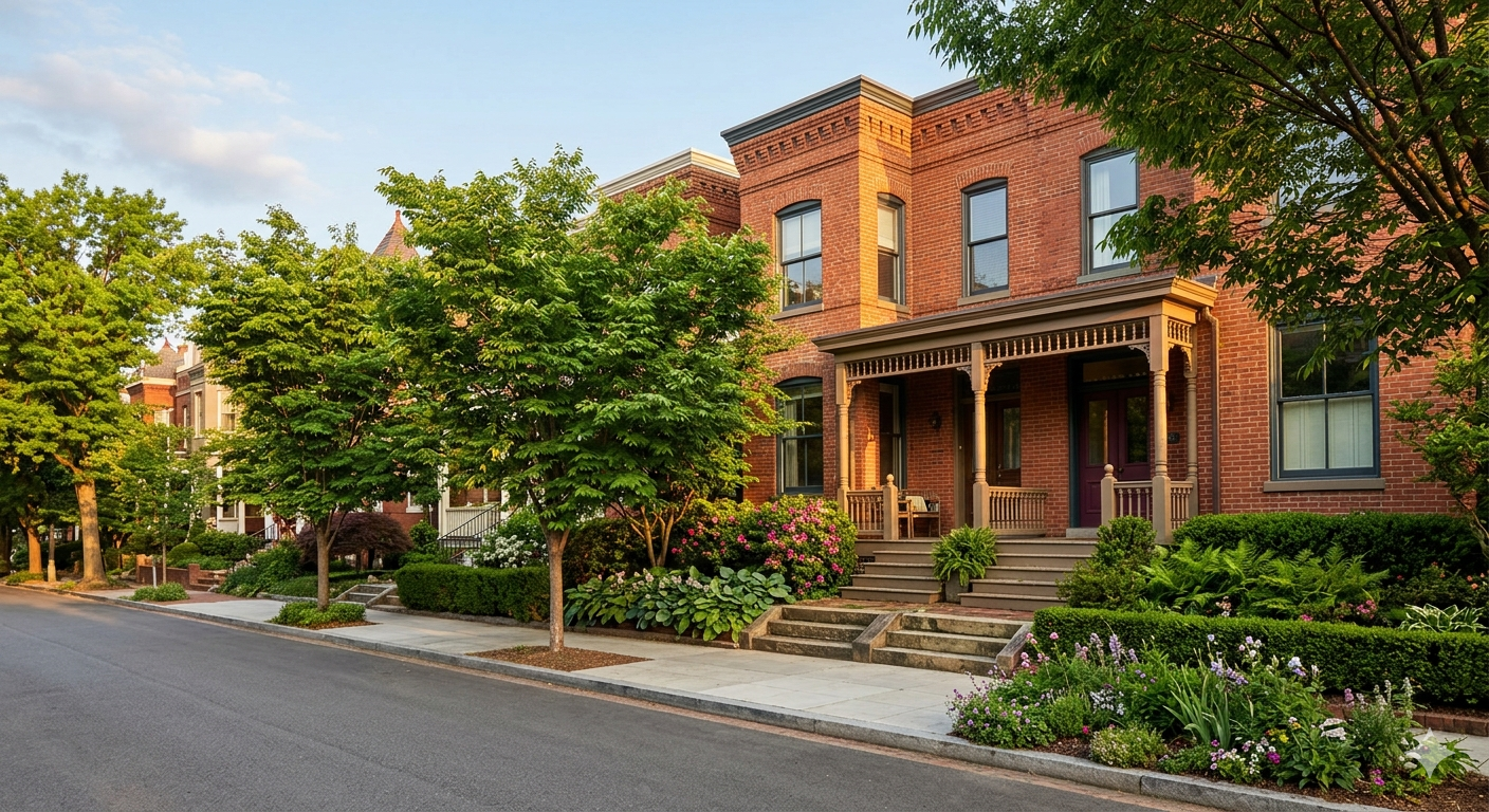 Tree lined street with classic brick rowhouse in Washington DC representing first time home buying in the DC Maryland and Virginia metro area