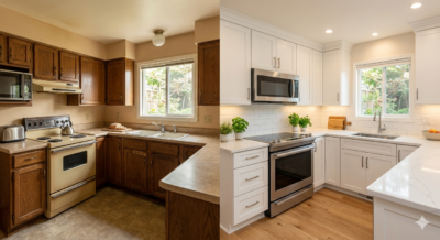 Side by side comparison of a dated kitchen and a refreshed kitchen showing fixer-upper vs move-in ready home condition