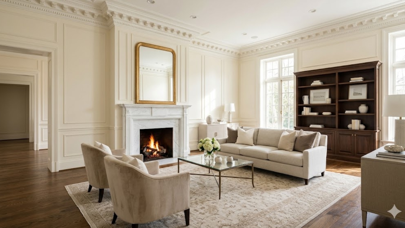 Formal living room with marble fireplace and tall windows in a McLean Virginia luxury home