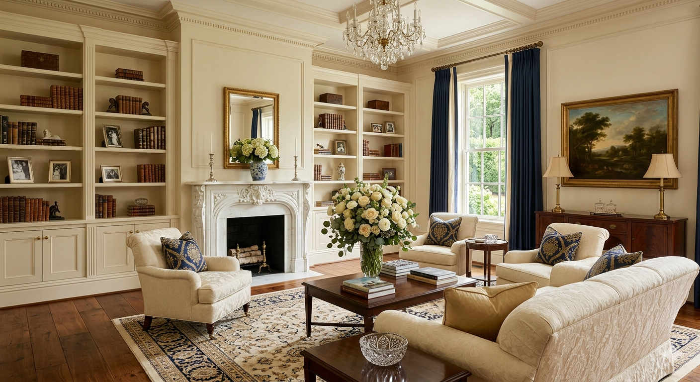 Gracious formal living room in a Wesley Heights Washington DC luxury home with marble fireplace, built-in bookshelves, and high ceilings