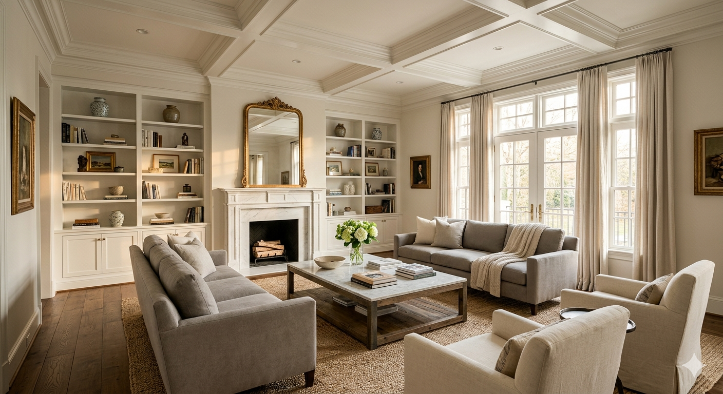 Formal living room with coffered ceilings, marble fireplace, and wide-plank hardwood floors in a luxury home in Bethesda Maryland