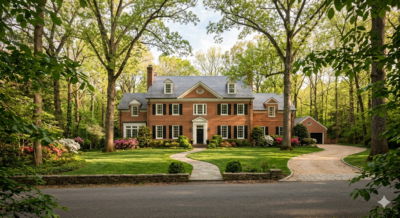 Brick Colonial home on a wooded private lot in Foxhall, Northwest Washington DC