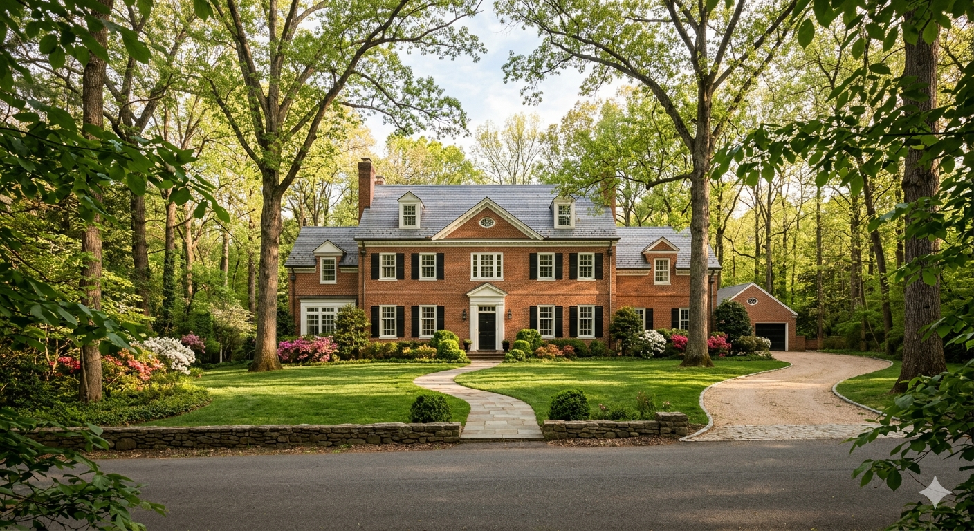 Brick Colonial home on a wooded private lot in Foxhall, Northwest Washington DC