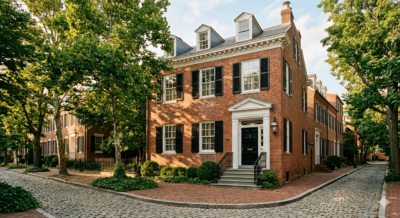 Grand Federal-style brick townhouse in Georgetown Washington DC with cobblestone sidewalk and mature trees