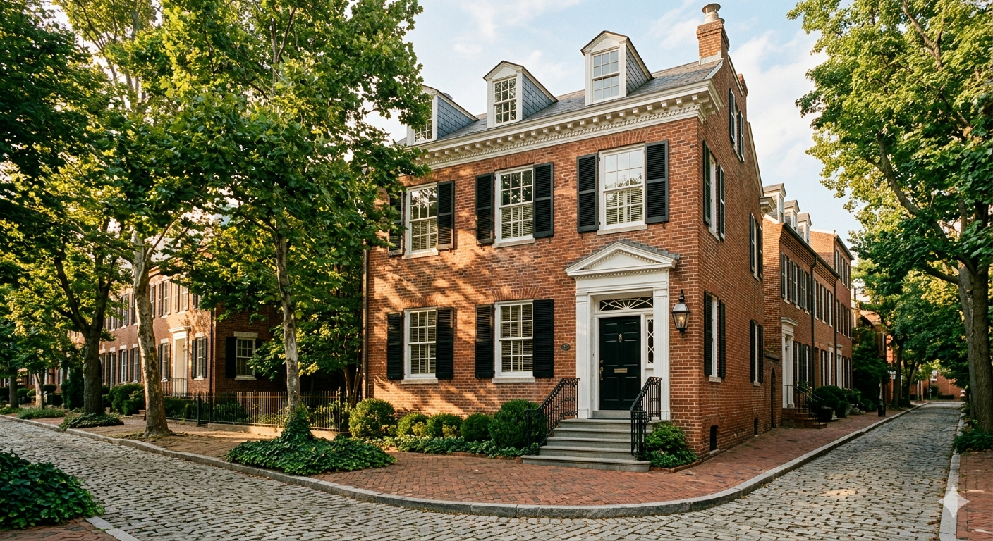 Grand Federal-style brick townhouse in Georgetown Washington DC with cobblestone sidewalk and mature trees