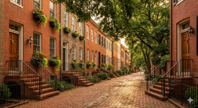 Tree-lined Georgetown DC residential street with brick rowhouses and iron railings in afternoon light