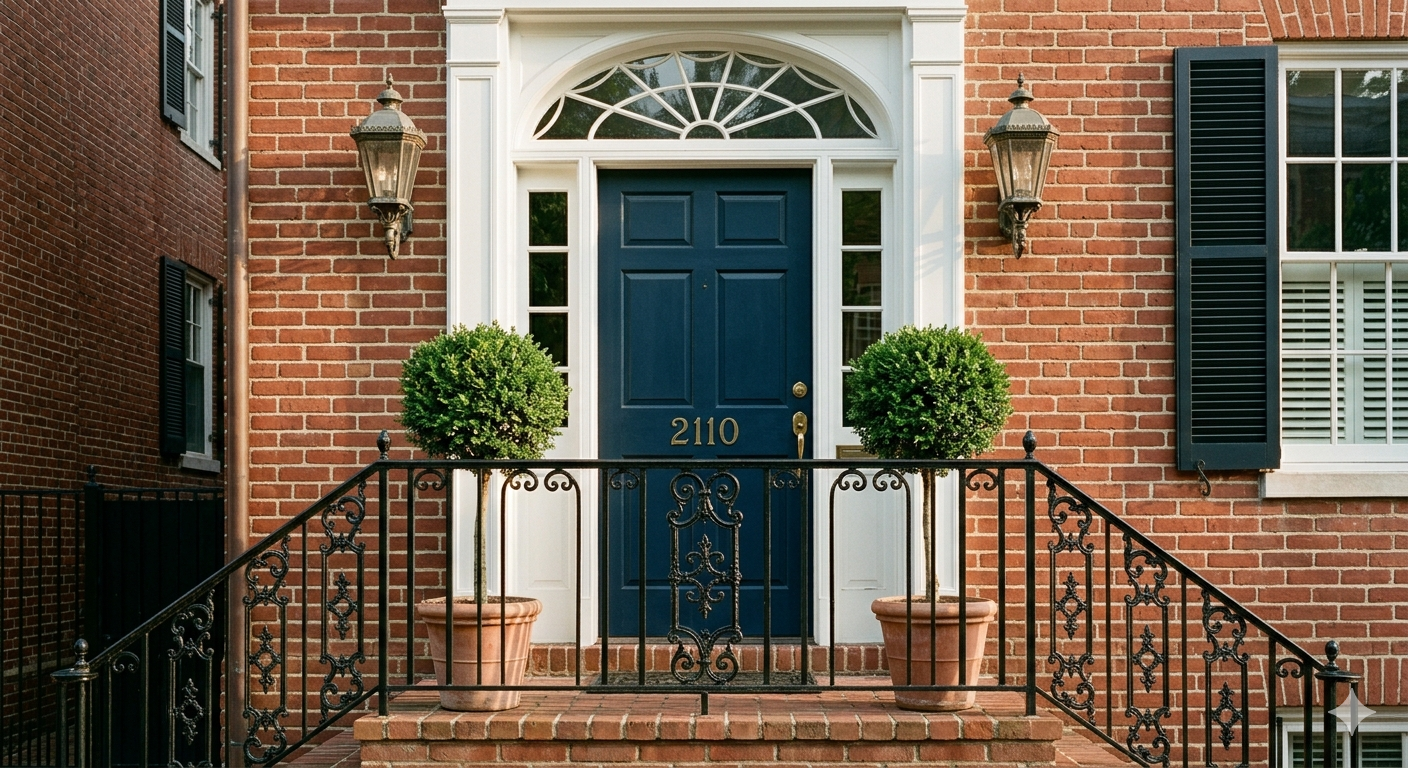 Classic Georgetown DC townhouse stoop with ironwork railings and painted front door in morning light