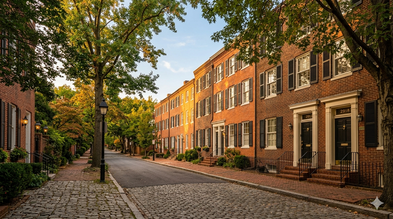 Federal-style brick townhouses lining a tree-lined cobblestone street in Georgetown, Washington DC
