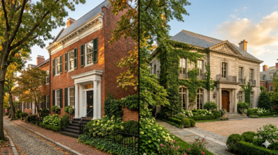 Split view showing Georgetown Federal-style brick rowhouse on left and Kalorama stone mansion on right in Washington DC