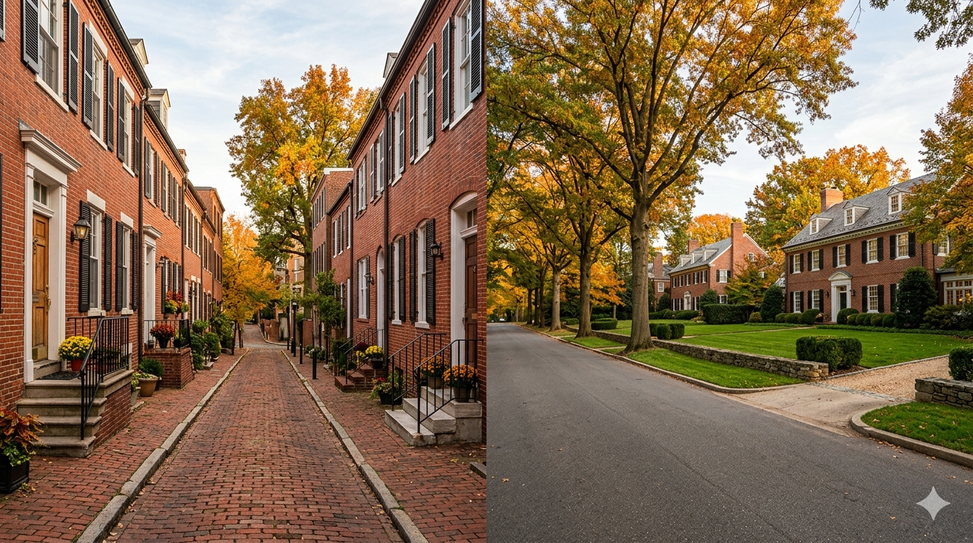 Side-by-side comparison of Georgetown brick row houses and Wesley Heights colonial homes on tree-lined streets in Northwest Washington DC in warm autumn afternoon light.