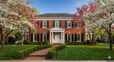 Elegant Georgian-style brick luxury home with columned portico and manicured landscaping in Bethesda Maryland